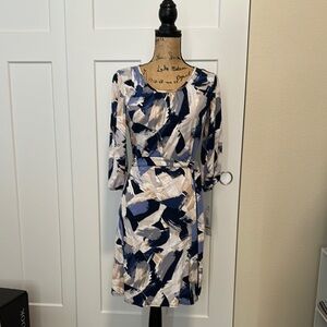Chetta B Blue and White Sheath Dress with 3/4 Sleeves